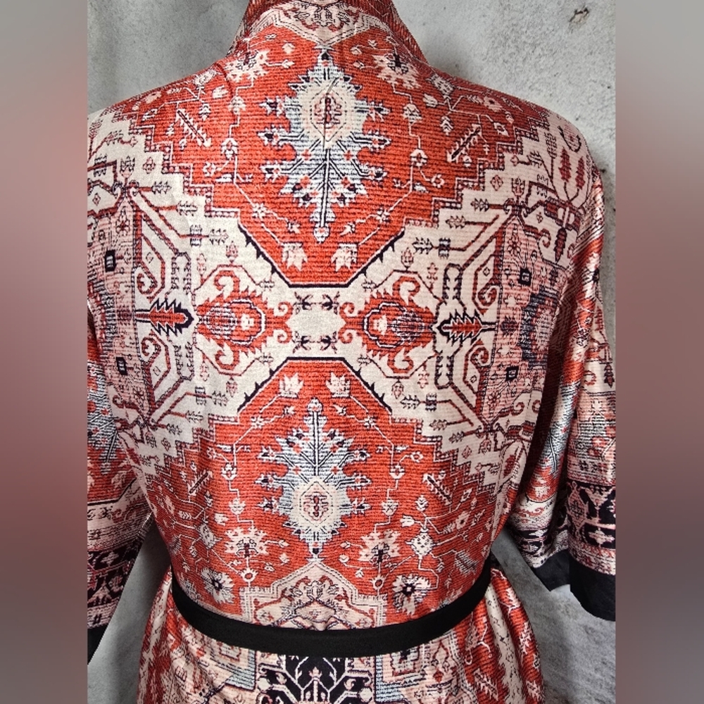 Orange Cream Coral Black Satin Feel Robe Kimono Cover-Up S / M - Picture 4 of 7